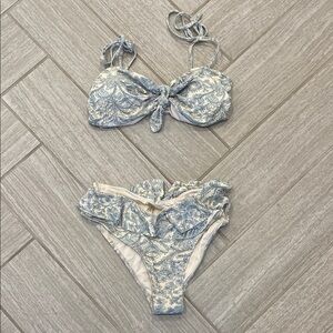 Envya Blue and Cream Leaf Print Bikini Set